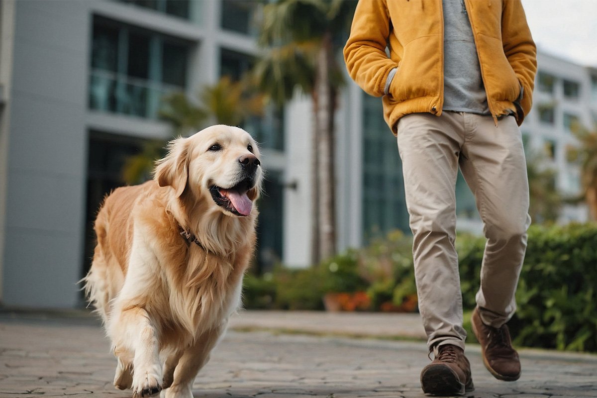 Golden retriever walking with owner